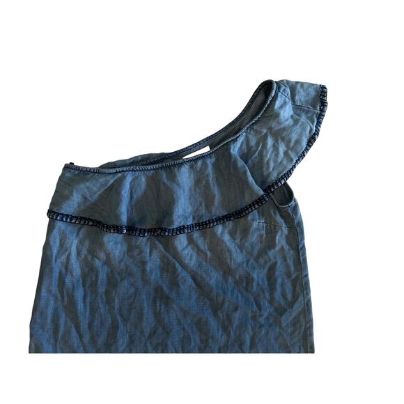 Women M Cloth & Stone One Shoulder Denim Jean Chambray Ruffle Neck Shift Dress - Picture 2 of 4